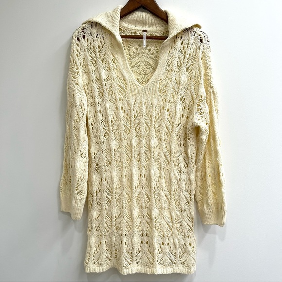 Free People Elton Cream Crochet Knit Long Sleeve Mini Dress Swimsuit Cover - Picture 1 of 10